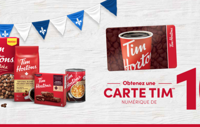 Une carte cadeau Tim Hortons de 10$ gratuite offert