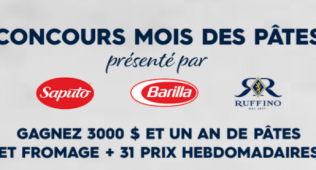 3 000$ & un an de  pâtes Barilla et de fromage Saputo à gagner