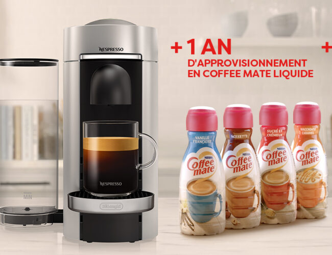 Gagnez 1 machine Nespresso & 1 an d’approvisionnement Coffee Mate, 2200$ en argent ( 2 gagnants)